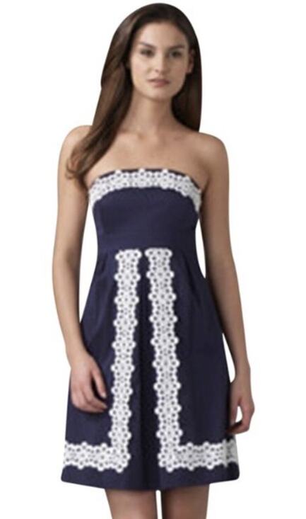 Lilly Pulitzer Dresses & Skirts - Lilly Pulitzer Betsy Strapless Dress Stretch Floral Eyelet Lace Pleated, Blue